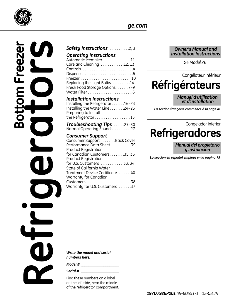 Page 1 de la notice Guide d'installation GE GFSF6KKYWW