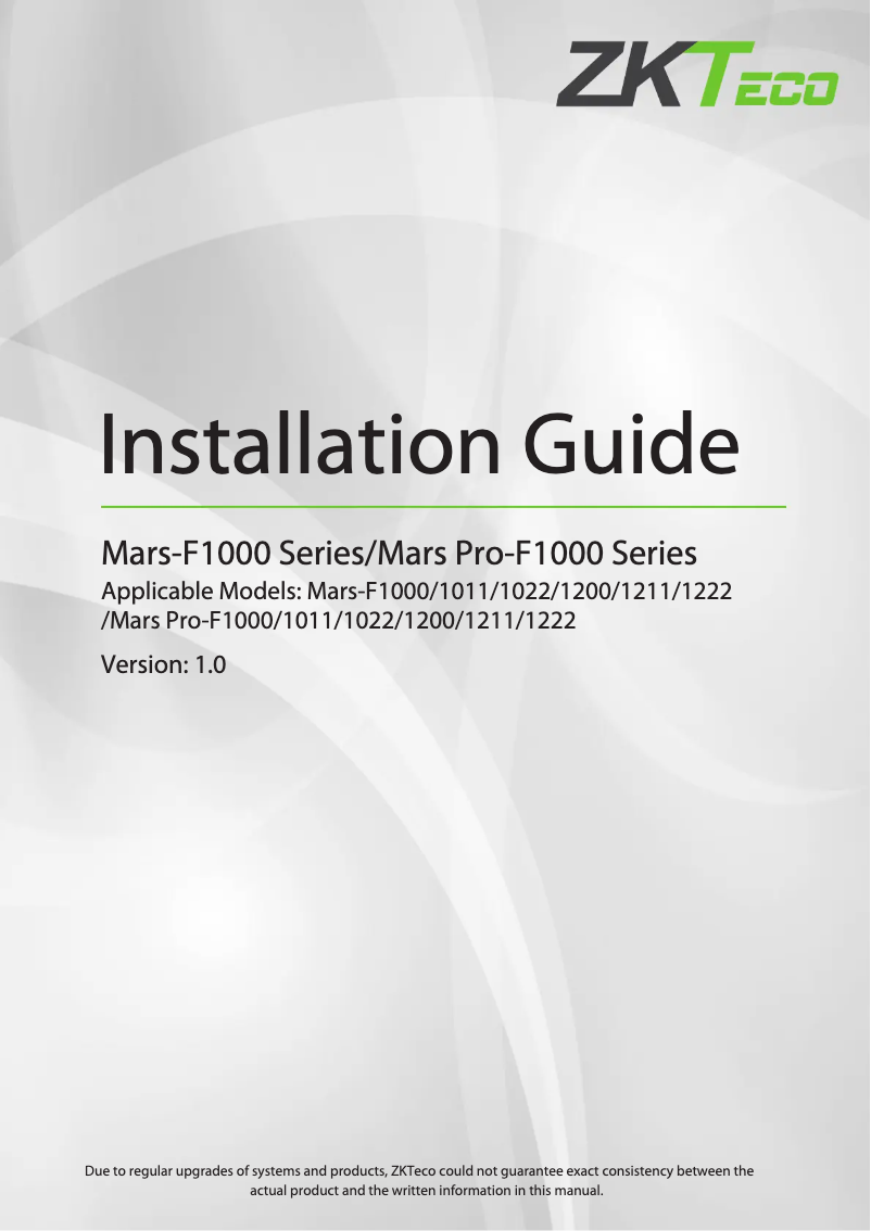 Page 1 de la notice Guide d'installation ZKTeco Mars Pro-F1000