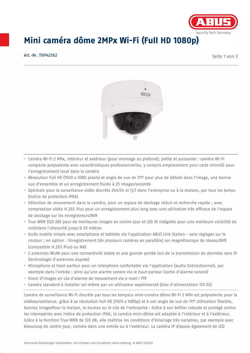 Page n°1 - Fiche technique Abus TVIP42562