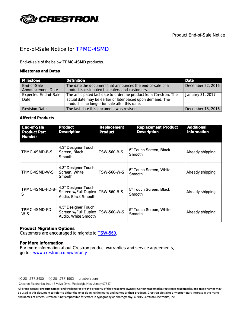 Page 1 de la notice Manuel utilisateur Crestron TPMC-4SMD-B-S