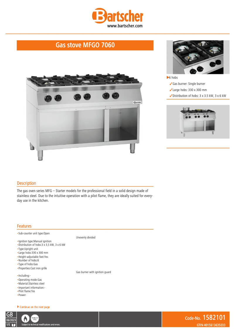 Page 1 de la notice Fiche technique Bartscher 1582101