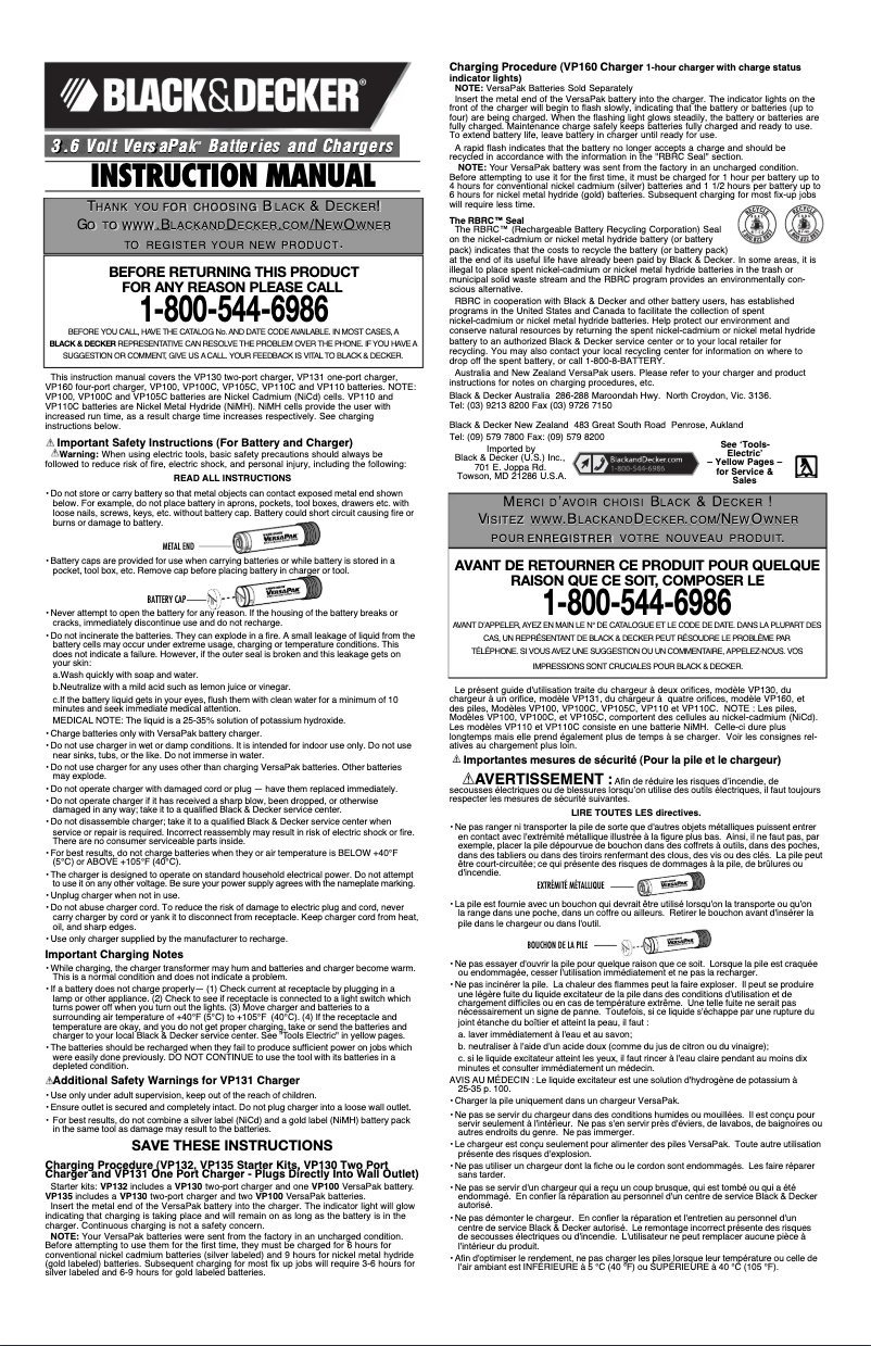 Page 1 de la notice Manuel utilisateur Black & Decker VP100
