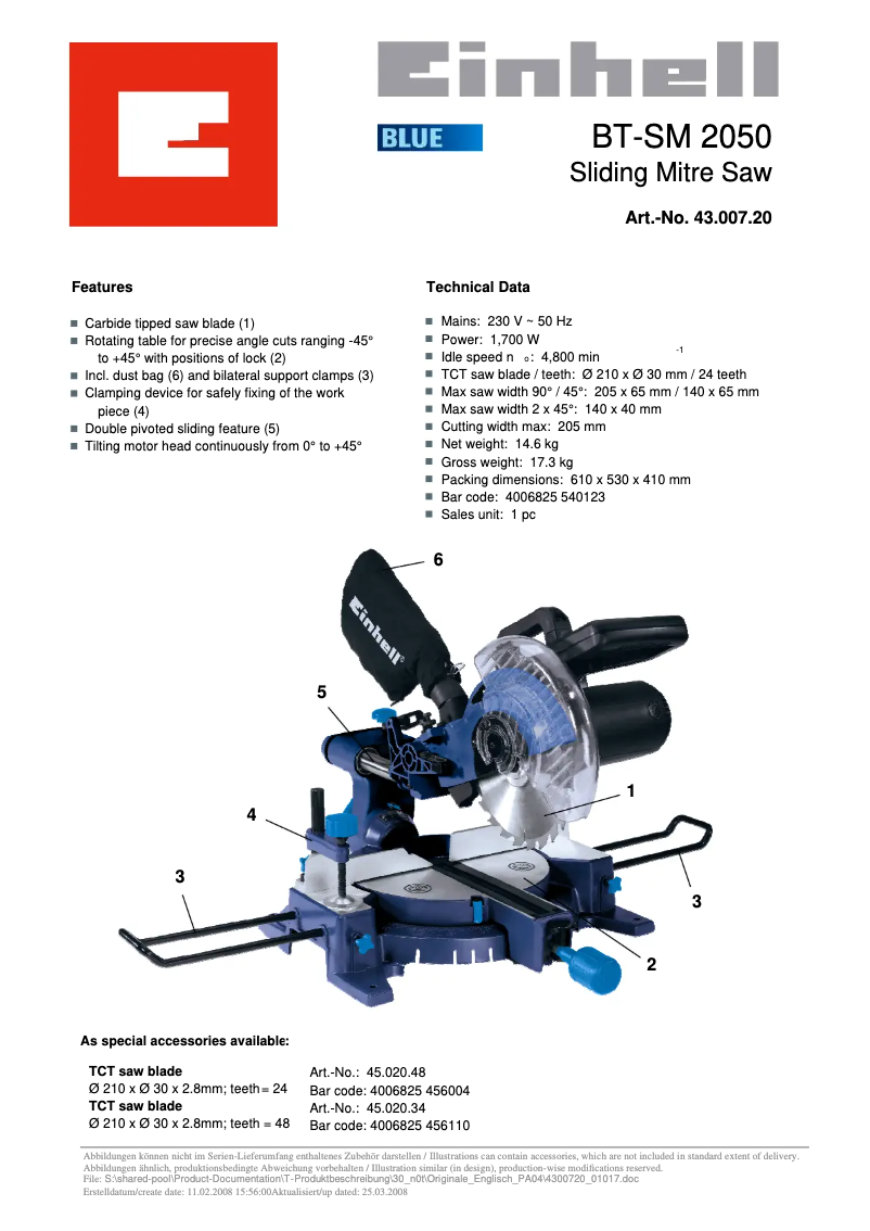 Page 1 de la notice Fiche technique Einhell BT-SM 2050