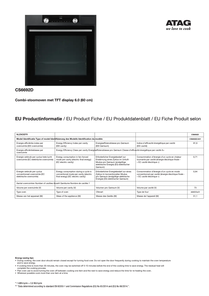 Page 1 de la notice Manuel utilisateur Atag CS6692D