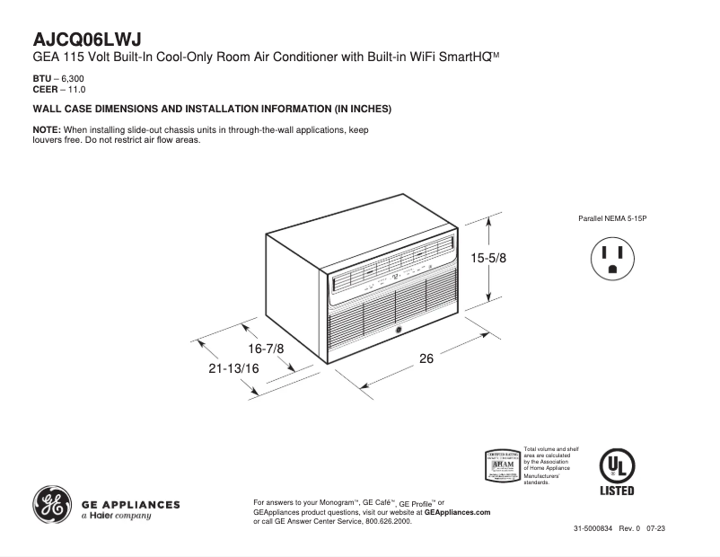 Page n°1 - Fiche technique GE AJCQ06LWJ