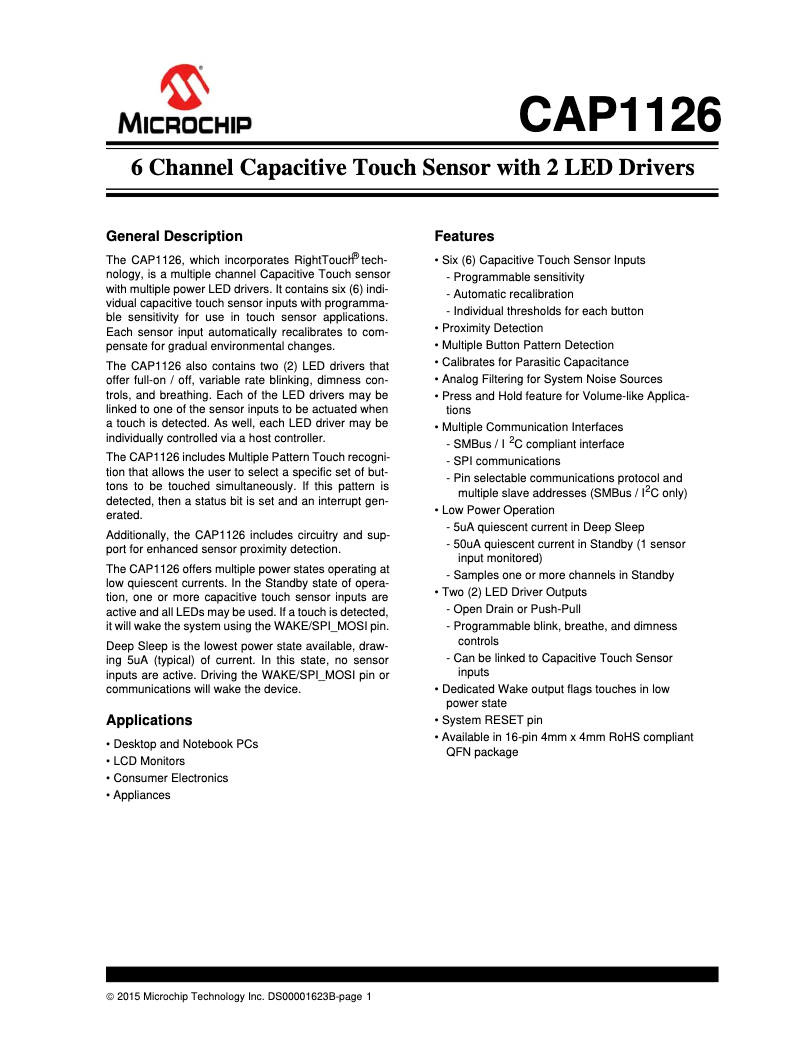 Page 1 de la notice Fiche technique Microchip CAP1126