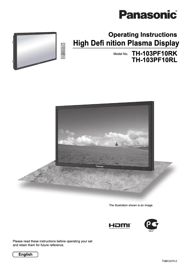 Image de la première page du manuel de l'appareil Viera TH-103PF10RL