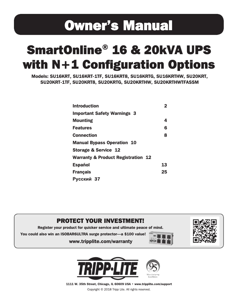Page 1 de la notice Manuel utilisateur Tripp Lite SmartOnline SU16KRT