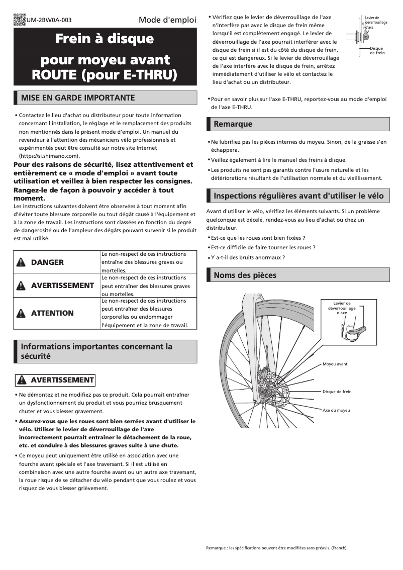 Page 1 de la notice Manuel utilisateur Shimano HB-RS770