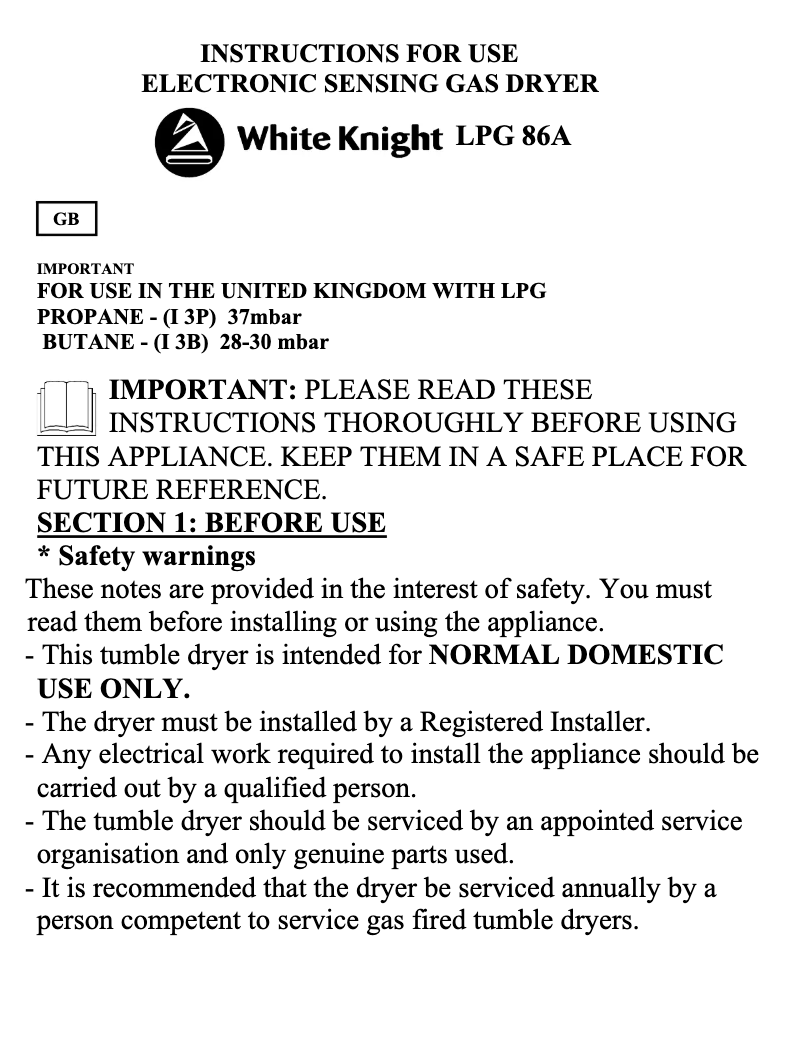 Page 1 de la notice Manuel utilisateur White Knight ECO86A LPG