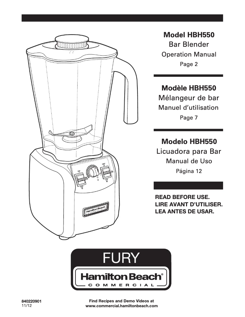 Page 1 de la notice Manuel utilisateur Hamilton Beach Fury HBH550