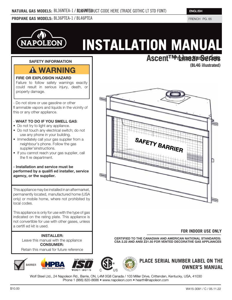 Page n°1 - Manuel utilisateur Napoleon Ascent Linear 46