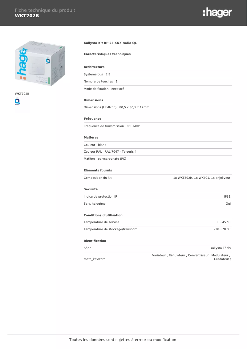 Page 1 de la notice Fiche technique Hager WKT702B