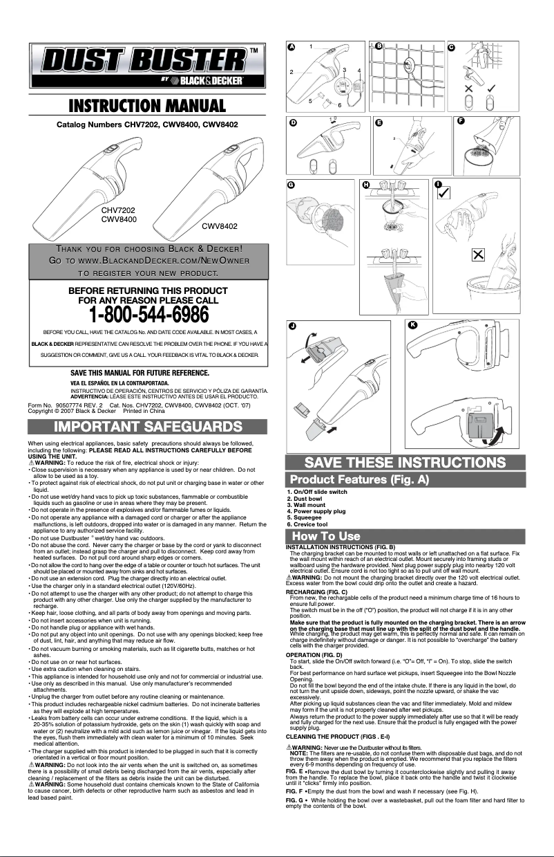 Page 1 de la notice Manuel utilisateur Black & Decker Dustbuster CWV8402