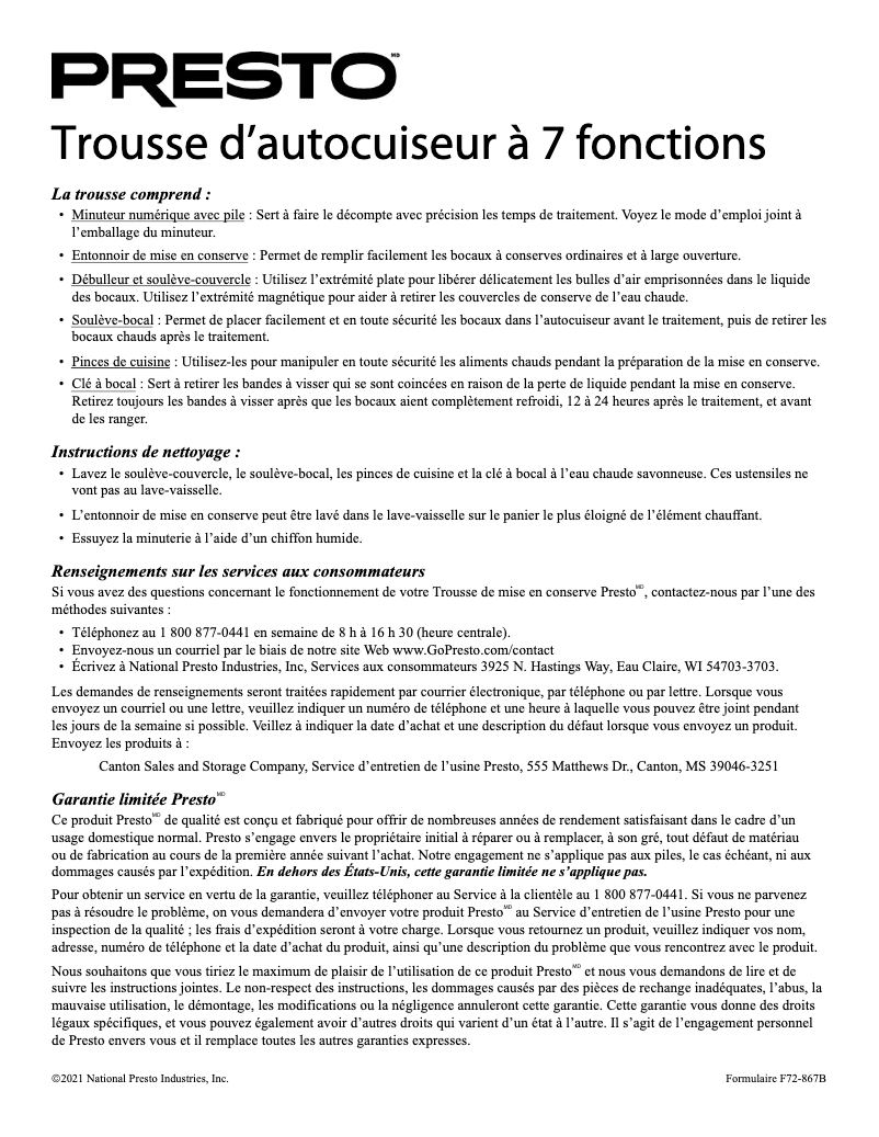 Page 1 de la notice Manuel utilisateur Presto 09995