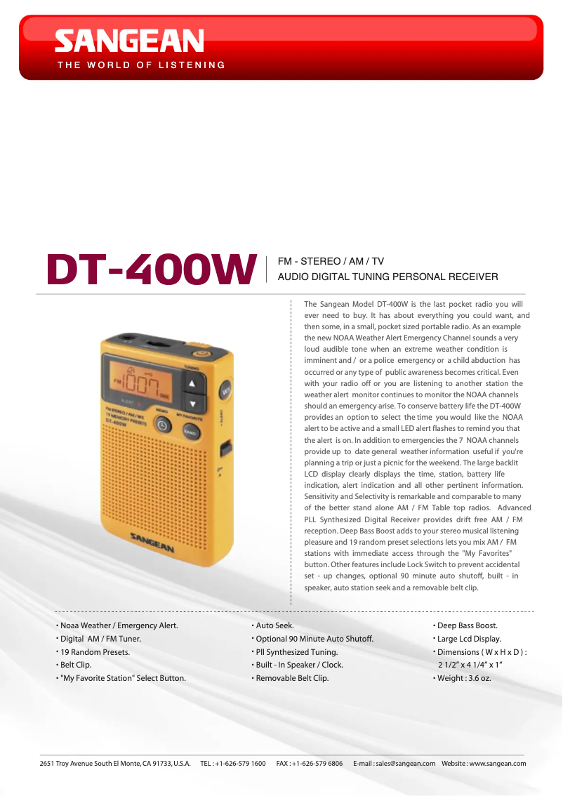 Page n°1 - Fiche technique Sangean DT-400W