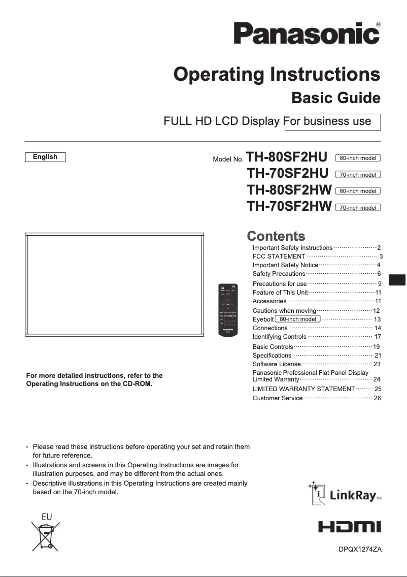 Page 1 de la notice Manuel utilisateur Panasonic TH-70SF2HU