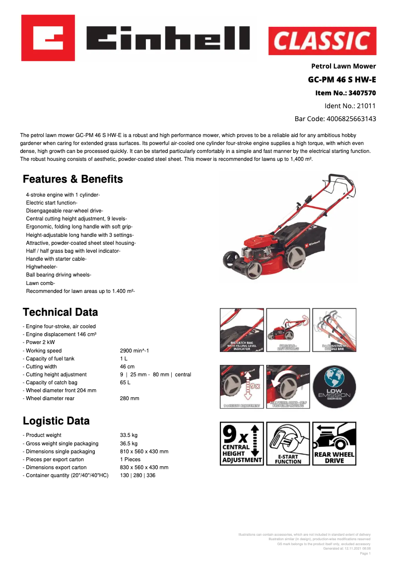 Page n°1 - Fiche technique Einhell GC-PM 46 S HW-E