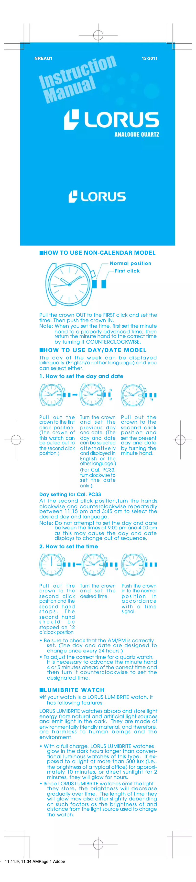 Page n°1 - Manuel utilisateur Lorus VJ21