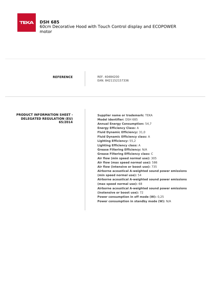 Page n°1 - Manuel utilisateur Teka DSH 685