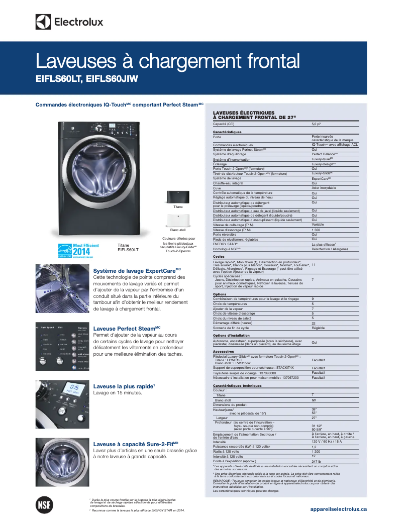 Page 1 de la notice Fiche technique Electrolux EIFLS60LT