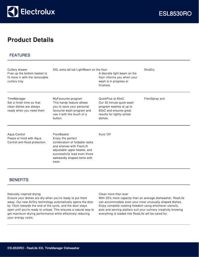 Page 1 de la notice Fiche technique Electrolux ESL8530RO