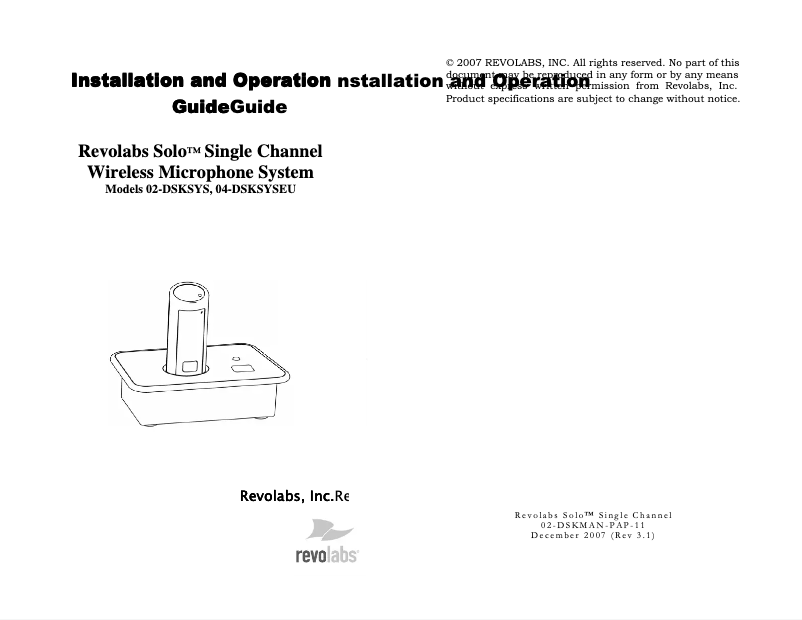 Page 1 de la notice Manuel utilisateur Revolabs Solo Single Channel