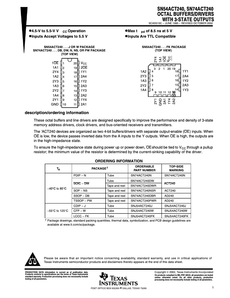 Page 1 de la notice Manuel utilisateur Texas Instruments SN74ACT240DW
