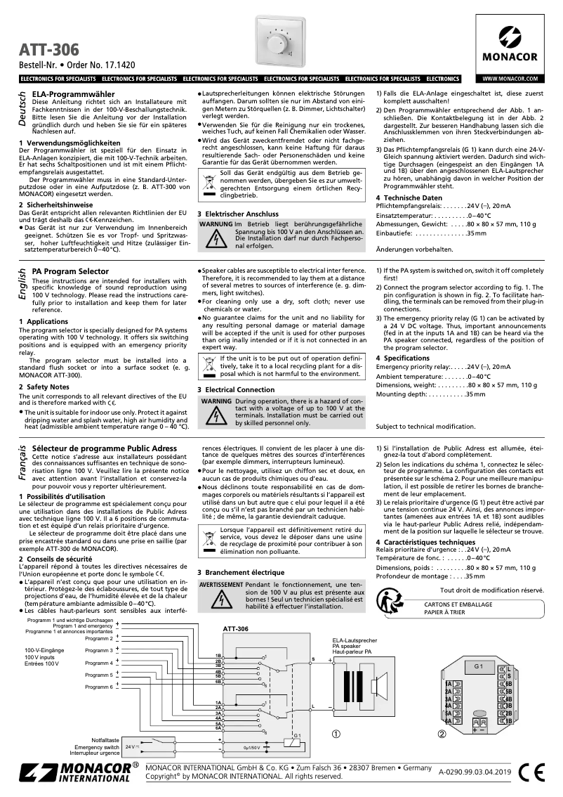 Page 1 de la notice Manuel utilisateur Monacor ATT-306