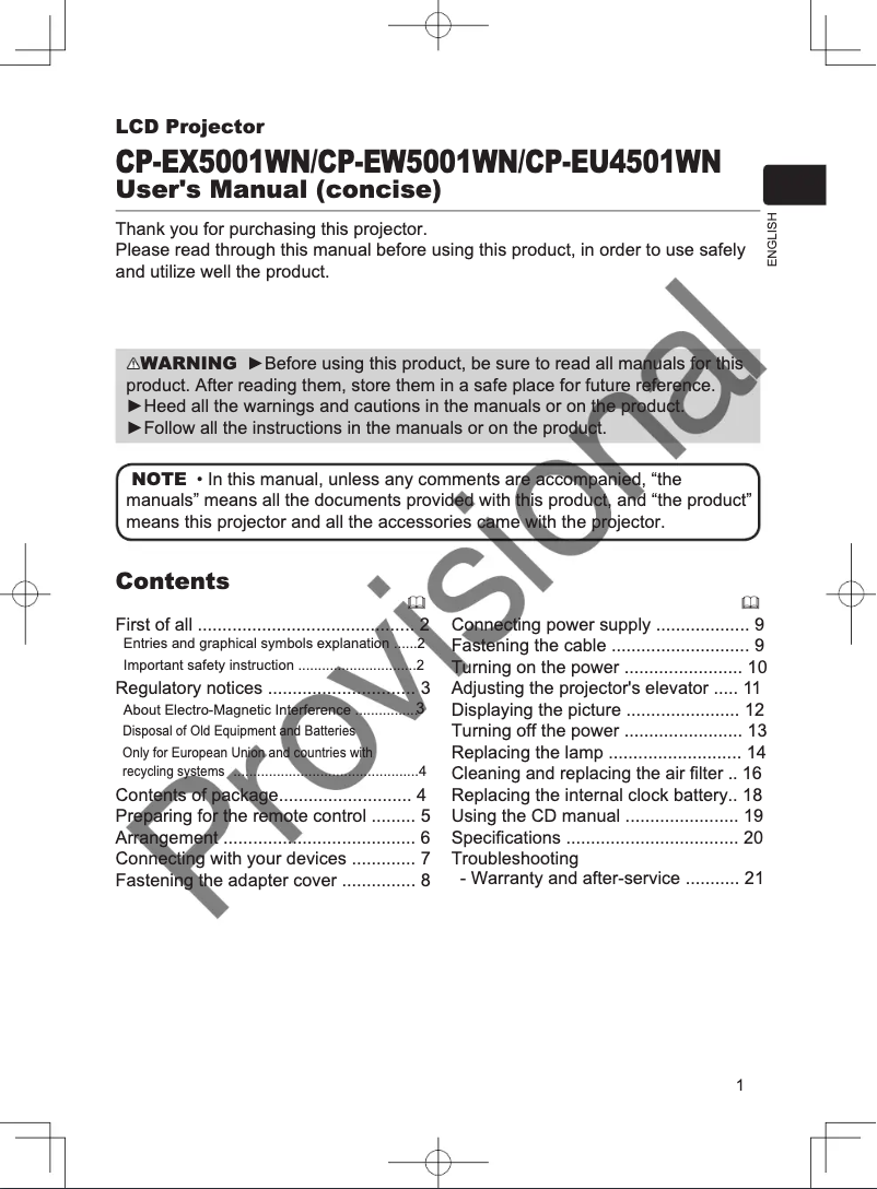 Página 1 del manual Manual de usuario Hitachi CP-EW5001WN