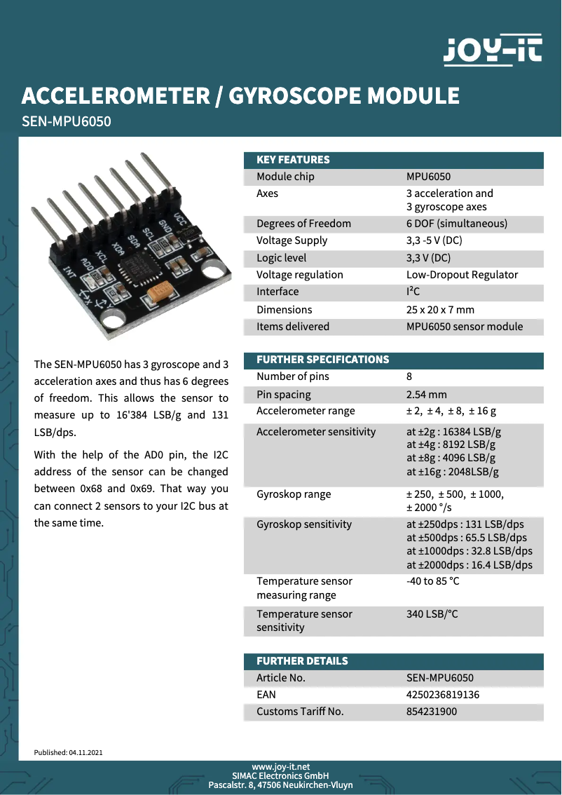 Page 1 de la notice Fiche technique Joy-It SEN-MPU6050