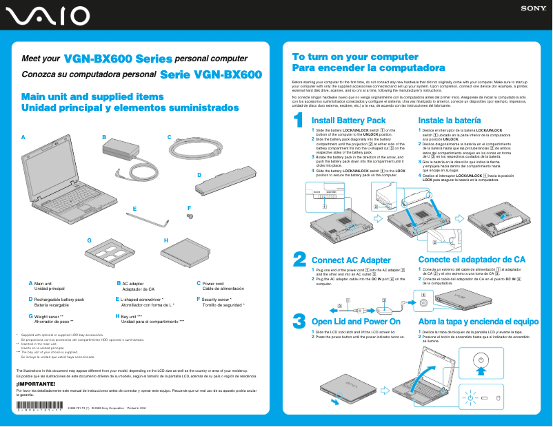 Page 1 de la notice Guide d'installation Sony Vaio VGN-BX660P
