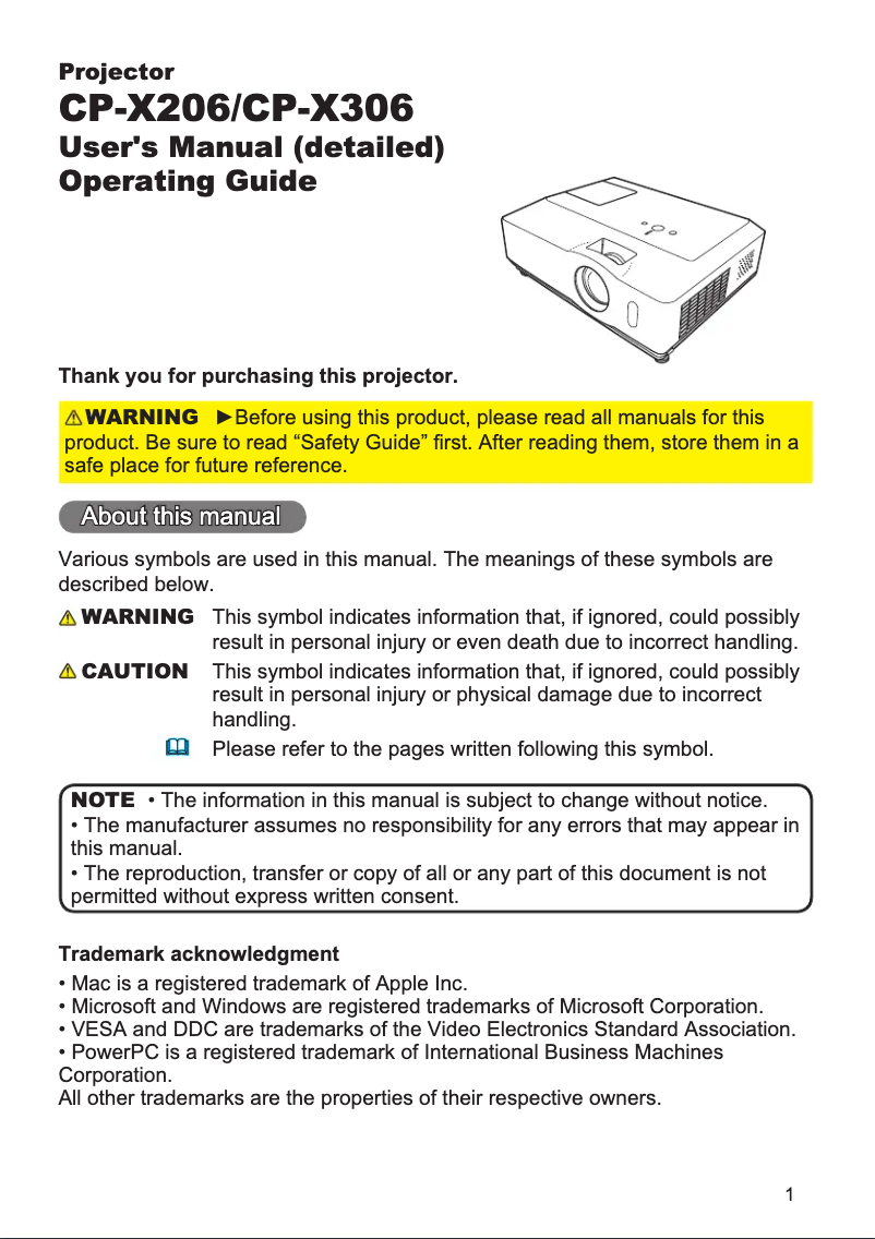 Page n°1 - Manuel utilisateur Hitachi CP-X206