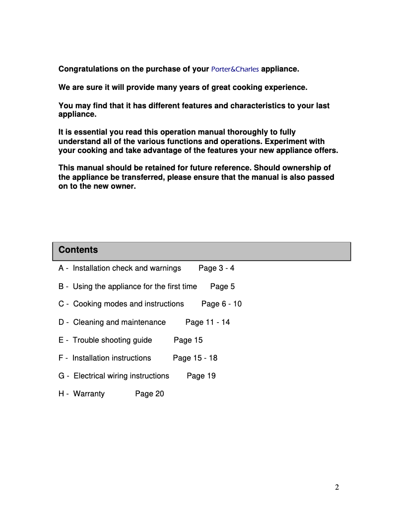 Page 1 de la notice Manuel utilisateur Porter & Charles SOPS76ECO