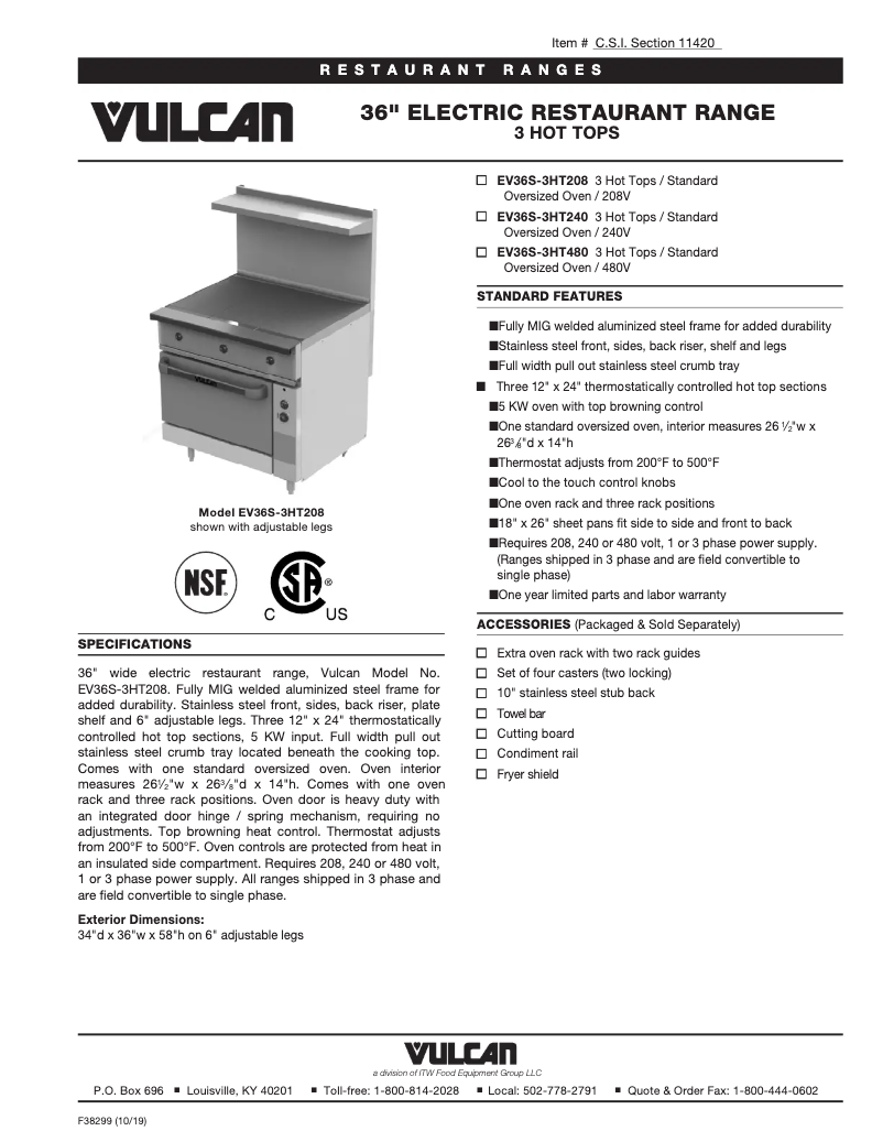 Página 1 del manual Ficha técnica Vulcan EV36S-3HT