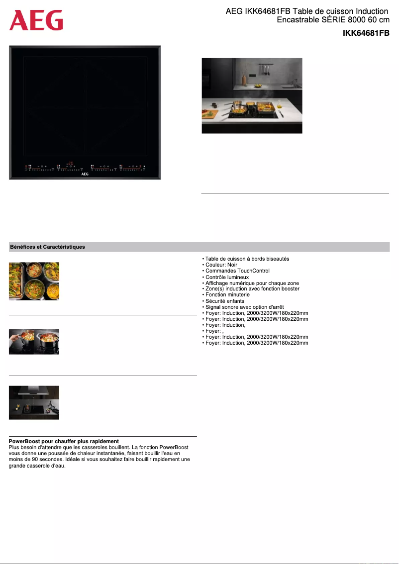 Page 1 de la notice Fiche technique AEG IKK64681FB