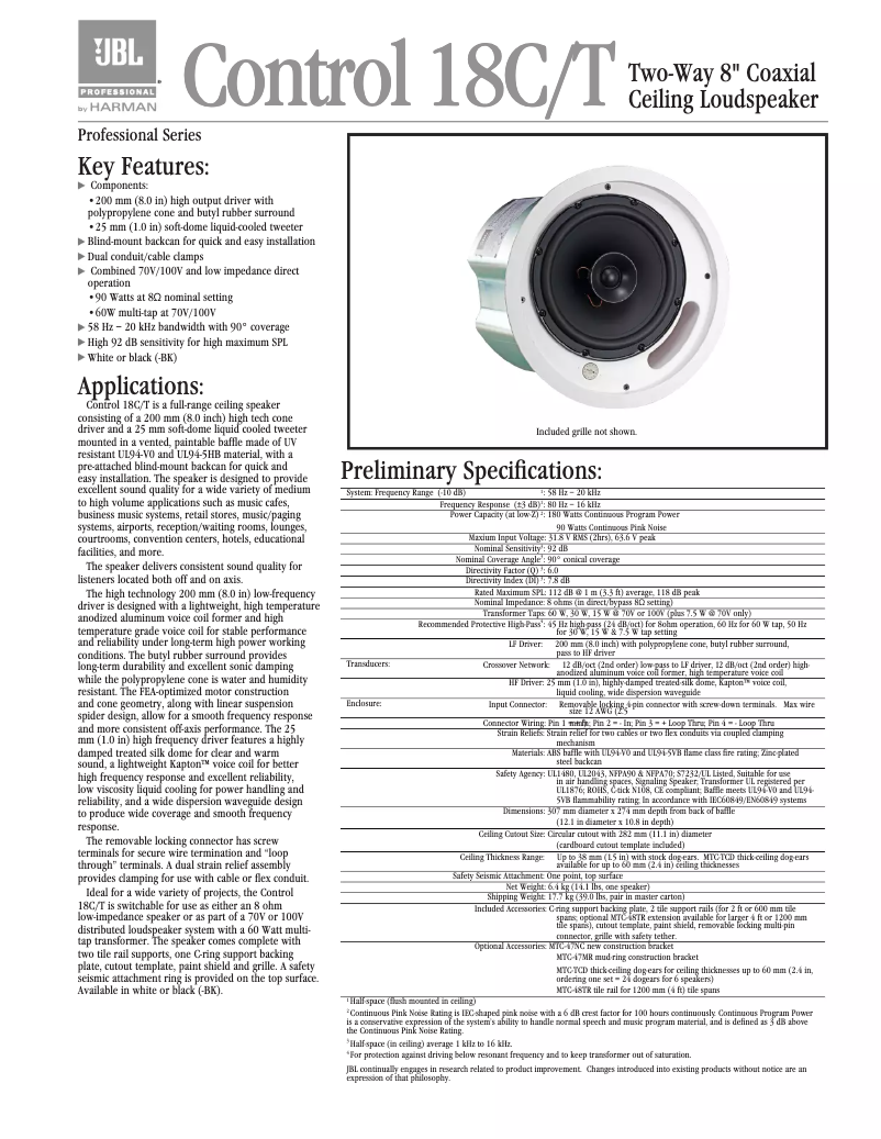 Page n°1 - Fiche technique JBL Control 18C/T