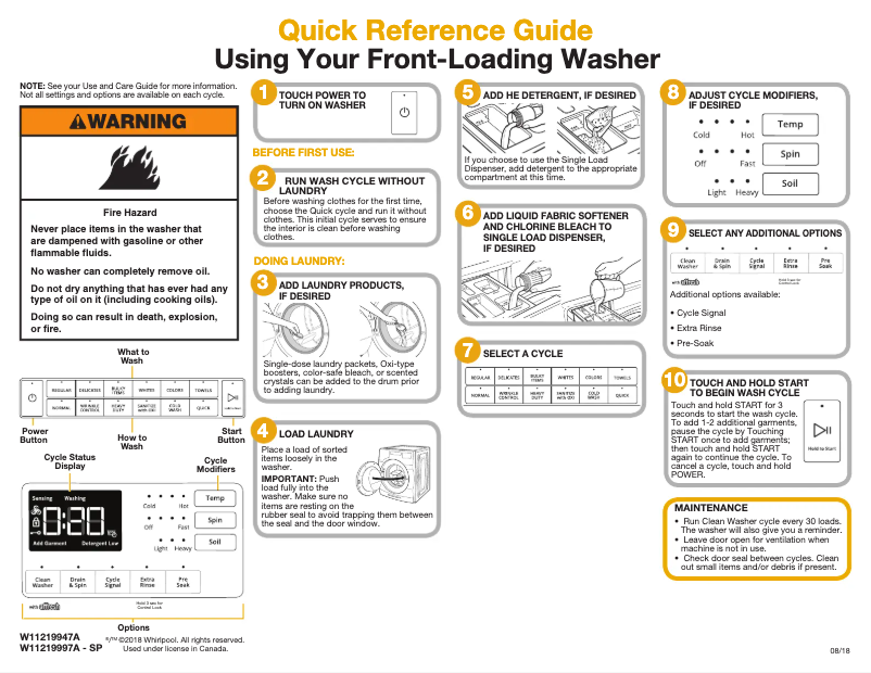 Page n°1 - Guide de démarrage rapide Whirlpool WFW5620HW
