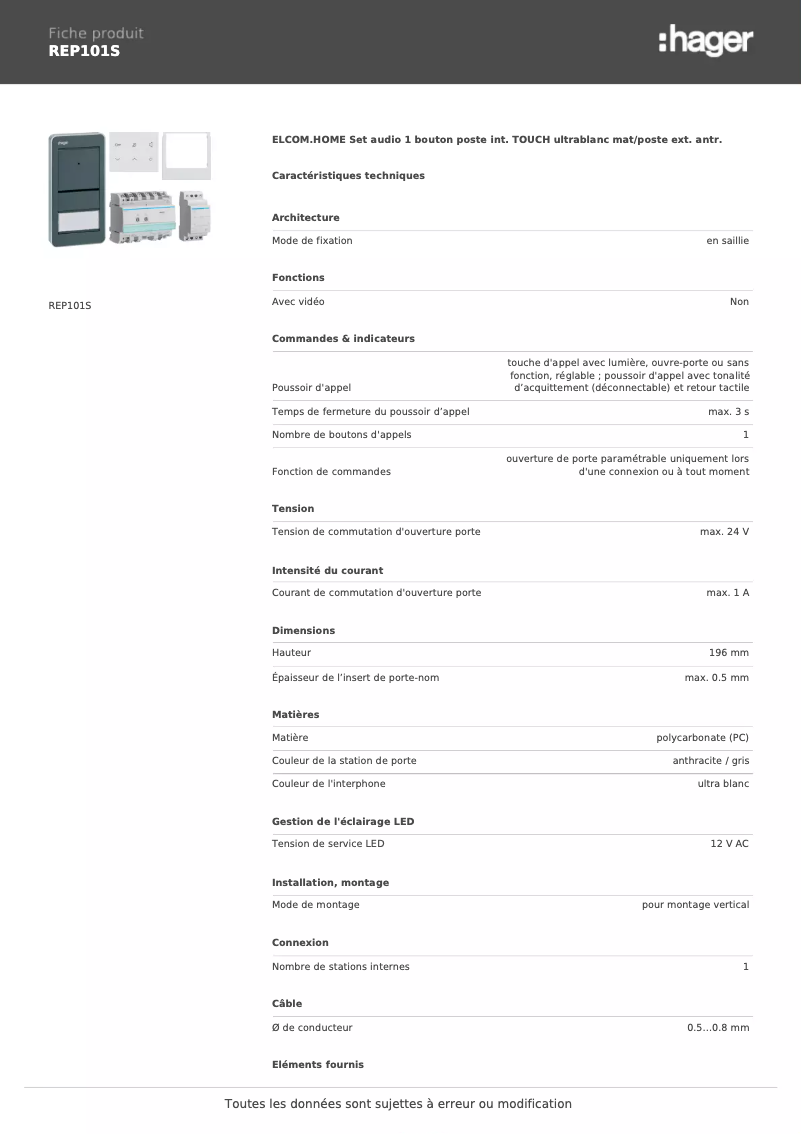 Página 1 del manual Ficha técnica Elcom REP101S