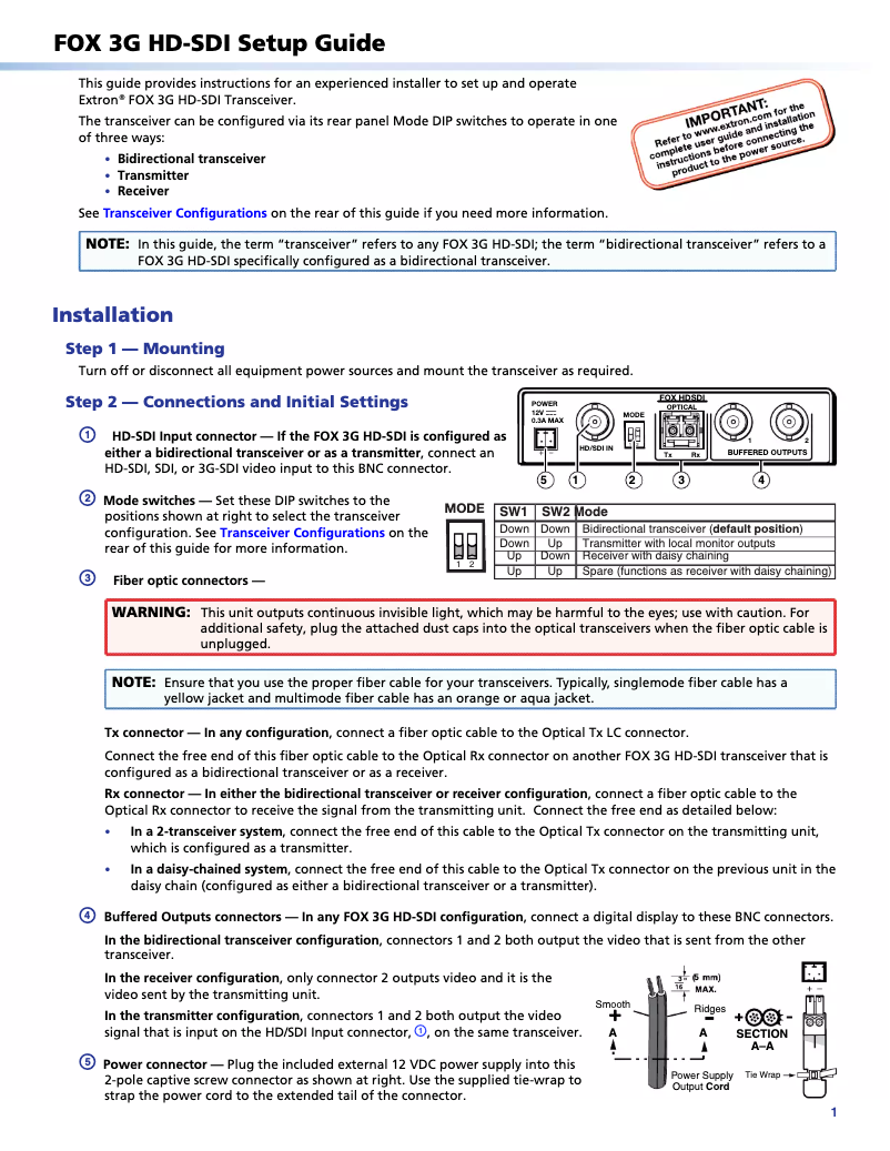 Page 1 of the manual User Manual Extron FOX 3G HD-SDI P SM