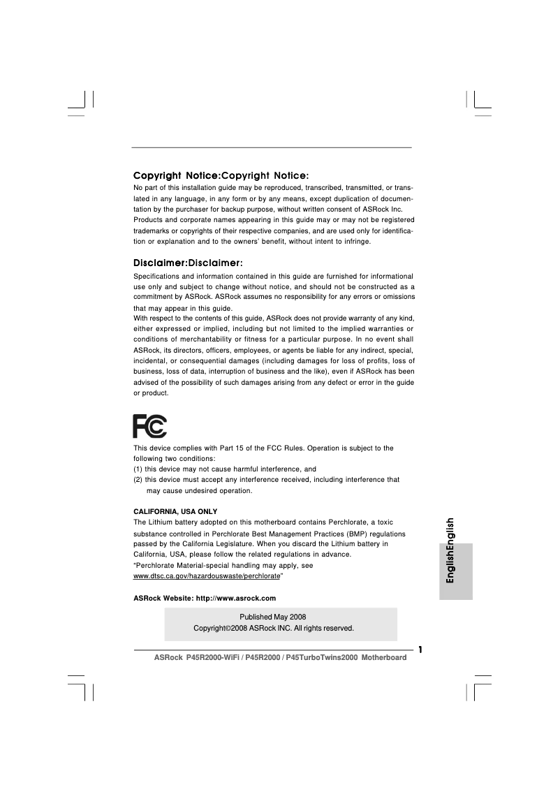 Page 1 de la notice Manuel utilisateur Asrock P45TurboTwins2000