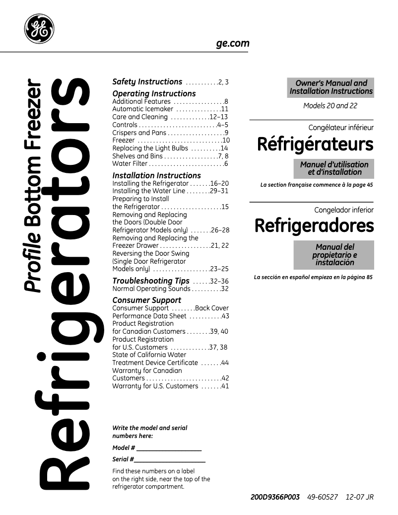 Page 1 de la notice Manuel d'utilisation et d'entretien GE Profile PDSS0MFXLSS