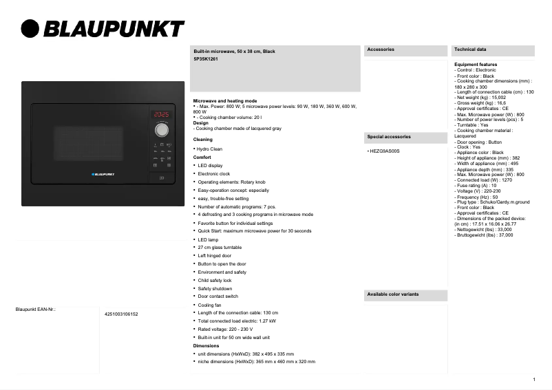 Página 1 del manual Ficha técnica Blaupunkt 5P35K1261