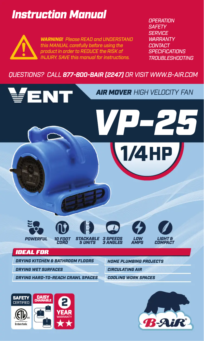 Página 1 del manual Manual de usuario B-Air Vent VP-25 Compact