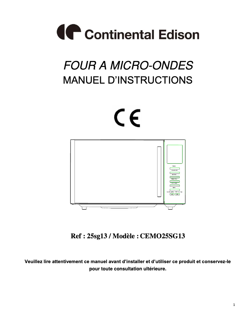 Page n°1 - Manuel utilisateur Continental Edison CEMO25SG13