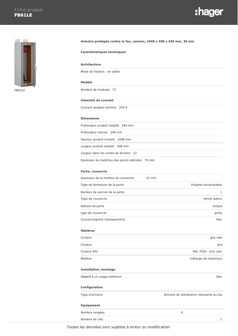 Page 1 de la notice Fiche technique Hager FB61LE