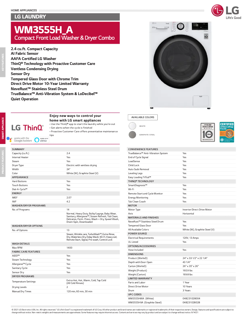 Página 1 del manual Ficha técnica LG WM3555HVA