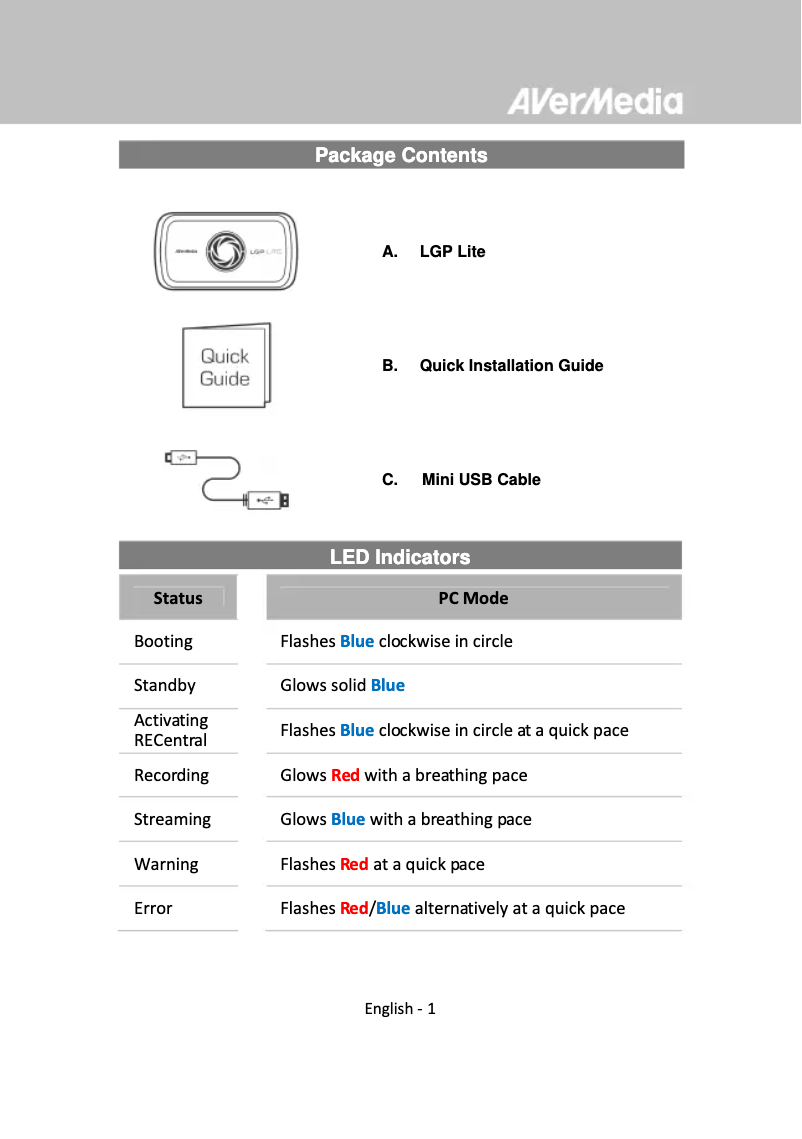 Page 1 de la notice Manuel utilisateur AVerMedia LGP Lite