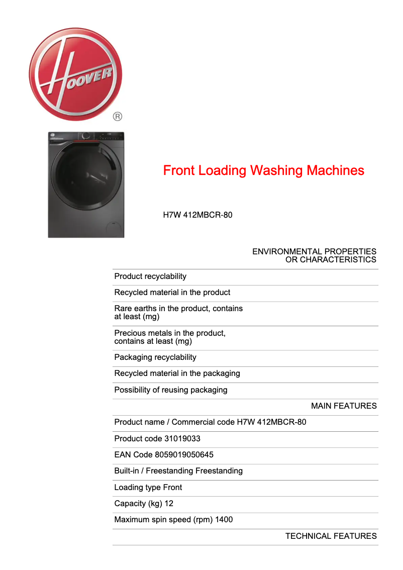 Page 1 de la notice Fiche technique Hoover H7W 412MBCR-80