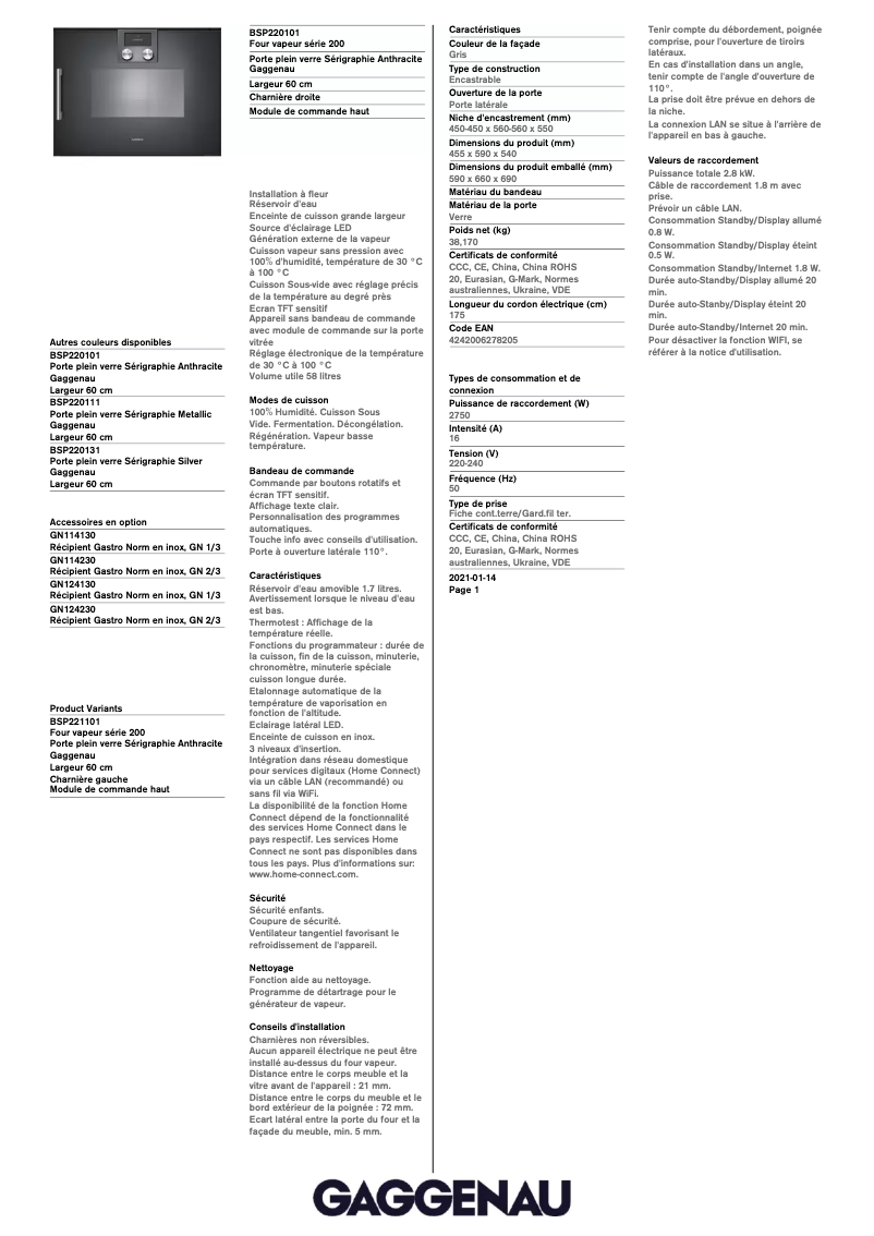 Page 1 de la notice Fiche technique Gaggenau BSP220101